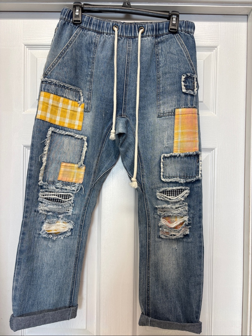 easel Relaxed Blue Denim Jeans with Yellow Plaid Patchwork Drawstring M